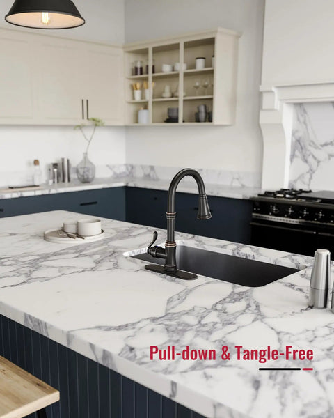 Oil Rubbed Bronze Kitchen Faucet With Pull Down Sprayer, Three Spray Modes, Vintage Antique Brass Style on marble countertop