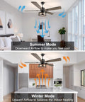 52 Inch Dope Farmhouse Ceiling Fan With Lights And Remote, showing directional airflow for summer and winter mode in living areas.