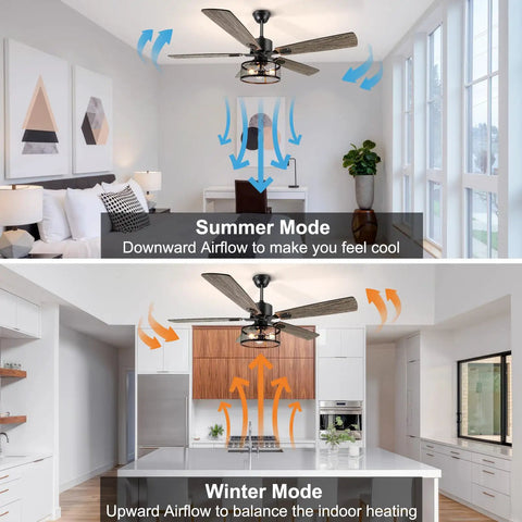 52 Inch Dope Farmhouse Ceiling Fan With Lights And Remote, showing directional airflow for summer and winter mode in living areas.