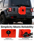 5 Liter Fuel Storage Tank With Bleed Valve And Transfer Pump attached to car rear, visible sturdy buckles, tough HDPE construction.