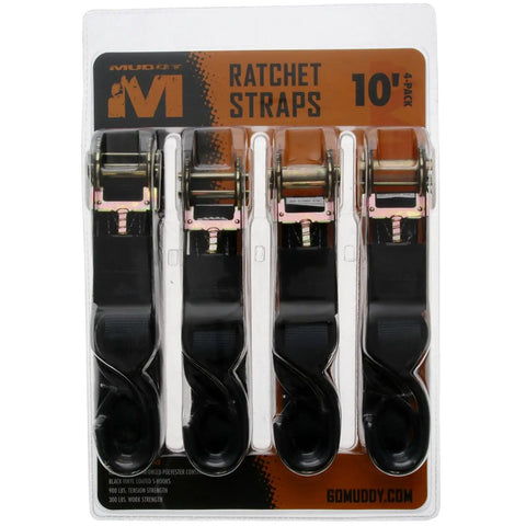 Heavy Duty Ratchet Straps 1 Inch By 10 Feet 4 Pack Cargo Tie Downs with reinforced polyester webbing and vinyl coated hooks.