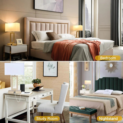 Dual USB Table Lamps Set Of 2 With Touch Control 3 Way Dimmable Bedside Lamps For Bedroom Or Office Gold And White Finish Modern Nightstand Lighting With LED Bulbs Included Sleek Contemporary Decor in various room settings