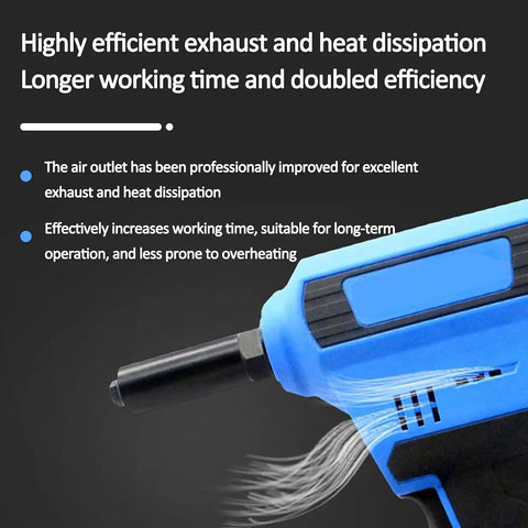 Pro Grade Heavy Hitter Cordless Rivet Gun With 20V Brushless Motor and auto recoil showing efficient exhaust system and air outlet.