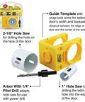 Bi-Metal Lock Installation Kit with Adjustable Guide Template for steel and wood doors, showing hole saws and guide tools.