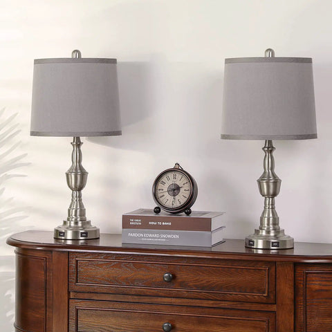 Table Lamps For Living Room Set Of 2 With 3-Way Dimmable Touch Control, Dual USB Ports, Gray Fabric Shade Nightstand Lamps