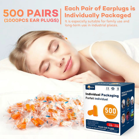 Soft Foam Ear Plugs For Sleeping And Travel 500 Pairs 32dB NRR 37dB SNR Noise Cancelling packaging with woman sleeping