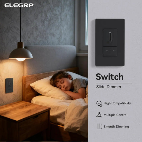 Super Slick Slide Dimmer Switch For Led And Cfl Bulbs Single Pole Or Three Way Control Matte Black 2 Pack on wall next to sleeping child.