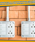 Four Pack 4 By 4 Inch Electrical Junction Boxes With Covers installed, metal outlet box set in exposed work configuration