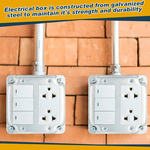 Four Pack 4 By 4 Inch Electrical Junction Boxes With Covers installed, metal outlet box set in exposed work configuration