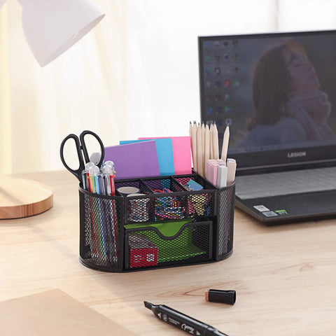 Mesh Desk Organizer With Eight Compartments And One Drawer Pencil Holder For Desk Office Supplies Storage School Stationery Tray on desk