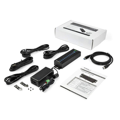 Rock Solid 10 Port USB 3.0 Hub With 5Gbps Speed And 65W Power Beast Features heavy duty metal casing, power adapter, and cables.