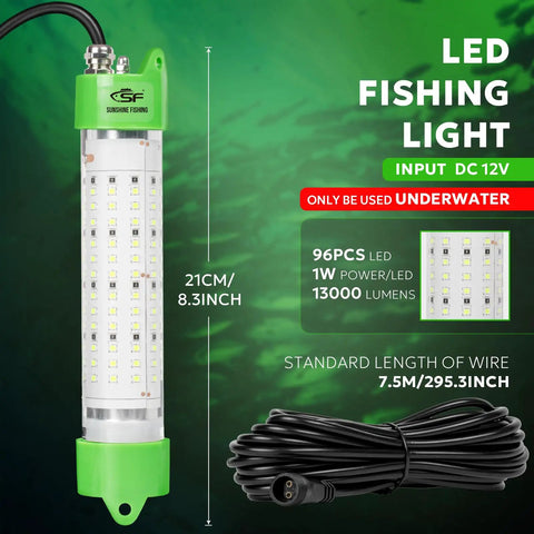 Close-up of Underwater Green Light For Night Fishing And Fish Attracting 12V Submersible 100W 13000 Lumen with 7.5m cable and LEDs.