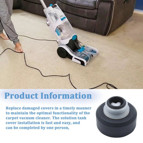Solution Tank Cap For PowerDash Pet Vacuum Cleaners SmartWash And FloorMate Jet Easy Swap Replacement Part That Fits FH50700 FH50702 black cap shown on carpet cleaner