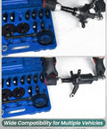 24 Piece Wheel Bearing Press Kit for Front Wheel Drive Vehicles shown with adapters and screw in blue case