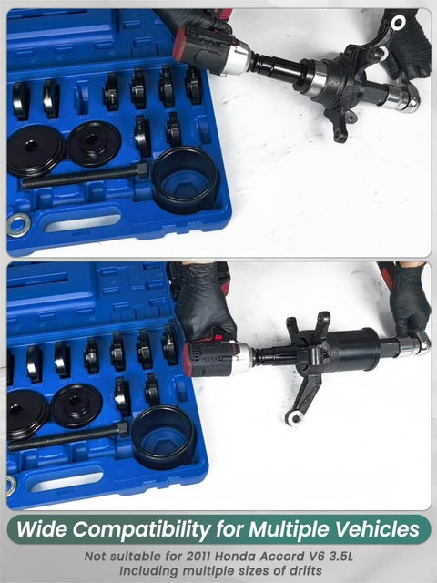 24 Piece Wheel Bearing Press Kit for Front Wheel Drive Vehicles shown with adapters and screw in blue case