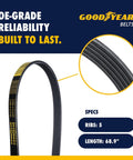 5 Rib Serpentine Belt, 68.9 Inch Long, Heavy Duty Multi V Drive Belt For Alternator And Water Pump, Durable EPDM Rubber, Smooth Power Transmission, Low Noise, Long Lasting Performance shown with 5 ribs