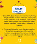 Yellow graphic explaining Crazy Aaron's Thinking Putty benefits and features with colorful sensory illustrations.