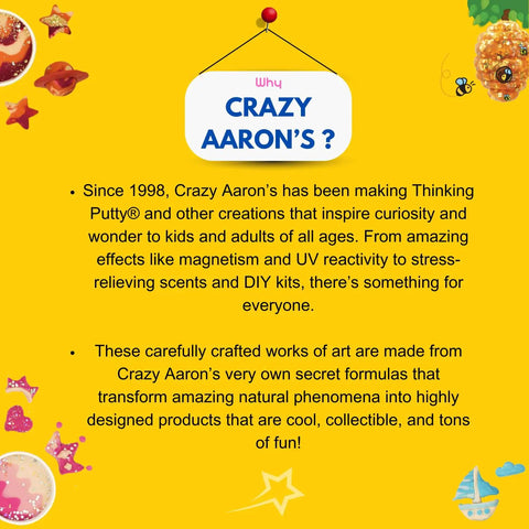 Yellow graphic explaining Crazy Aaron's Thinking Putty benefits and features with colorful sensory illustrations.