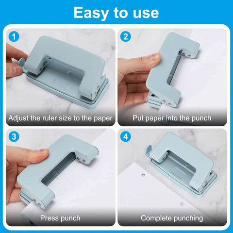 Instructional guide showing use of Pink Handheld Heavy Duty Hole Punch Set Two Piece Metal Paper Punch for tags and tickets crafting