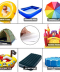 Collage showing items for 20 Pack TPU Pool Patch Repair Kit including swim tube, pool, umbrella, tent, bounce house, toys, air mattress.