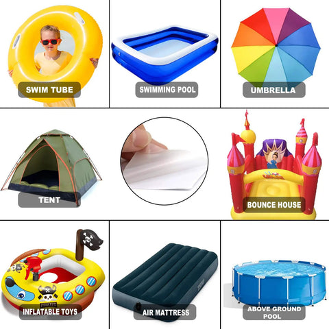 Collage showing items for 20 Pack TPU Pool Patch Repair Kit including swim tube, pool, umbrella, tent, bounce house, toys, air mattress.