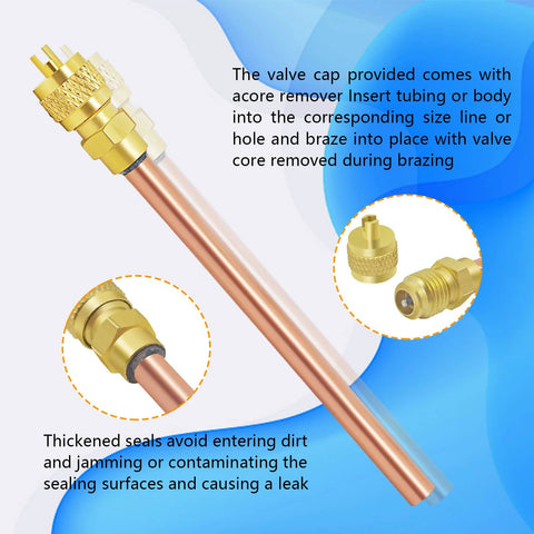 HVAC Schrader valve core assembly with brass fittings on copper tube, side view.