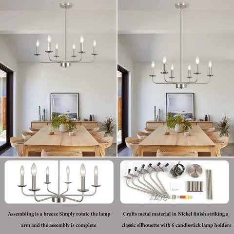 Black And Gold 6 Light Modern Farmhouse Chandelier Light Fixture in dining room with wood table and assembly parts shown