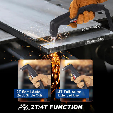 Non-Touch Plasma Cutter With Pilot Arc, One Inch Max Cut And Five Eighth Inch Clean Cut, 2T And 4T Modes, shown cutting metal sheet