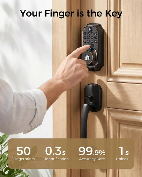 Heavy Duty WiFi Video Smart Lock With Handle, 5 In 1 Keyless Entry System on wooden door with user activating touchpad.