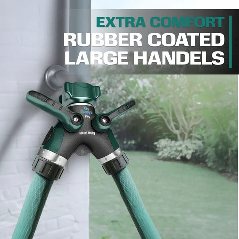 Two Way Hose Splitter Heavy Duty Outdoor Faucet Connector With Shut Off Valve All Metal Y Adapter For Garden Watering Leak Free Dual Outlet Spigot Splitter With Easy Grip Handles And Durable Weatherproof Build, rubber-coated large handles