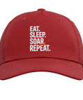 Front view of a red adjustable printed sailplane pilot baseball hat for glider club fans and flight enthusiasts built for thermals ridge soaring.