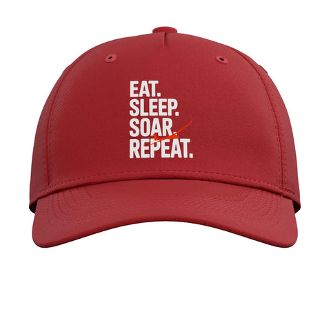 Front view of a red adjustable printed sailplane pilot baseball hat for glider club fans and flight enthusiasts built for thermals ridge soaring.