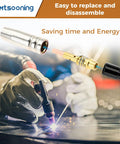 Premium 29 Pc Mig Welder Consumable Set Featuring Contact Tips Gun Nozzles Diffusers For Mb15 Torch in use, showcasing brass nozzle and contact tip.