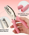 1/4 Inch Circle Hole Punch Handheld Paper Punch with Grip Handle, stainless steel with pink soft grip, for crafts and scrapbooking.