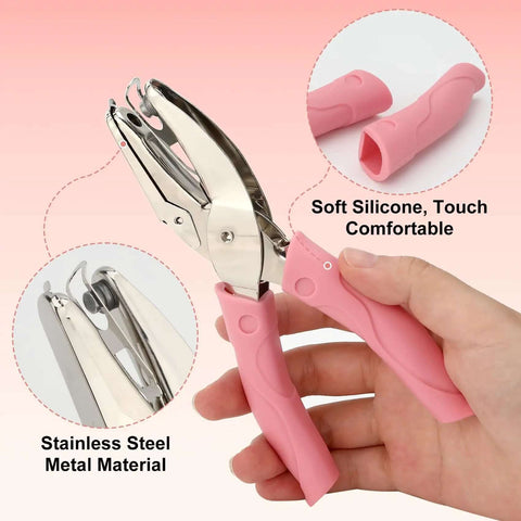 1/4 Inch Circle Hole Punch Handheld Paper Punch with Grip Handle, stainless steel with pink soft grip, for crafts and scrapbooking.