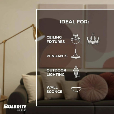 Infographic showing lighting types ideal for 40W Krypton Xenon T3 Clear Bulb E12 Candelabra Base 2 Pack, including ceiling, pendants, outdoor, and wall sconce.