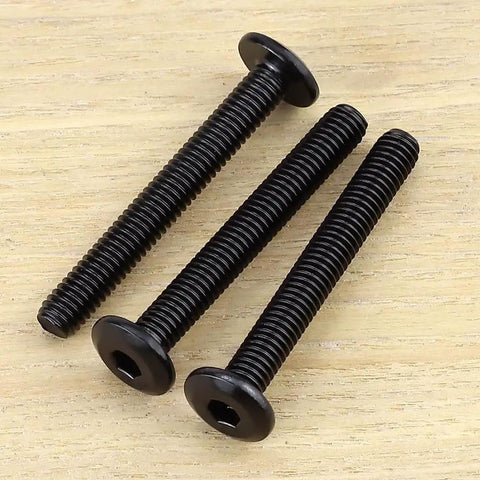 Close-up of 12 Sets M6x45mm Flat Head Socket Cap Screws With Barrel Nuts And 1 Hex Wrench, 304 Stainless Steel With Black Coating.