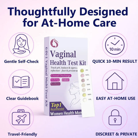 6-in-1 Vaginal Health Self Check Kit for Women, At Home pH Balance Monitor, BV and Yeast Screen, Microbiota Health Check, Easy Self Screen for Intimate Wellness, Track Discharge, Odor, Itching Symptoms. Box and test strip shown