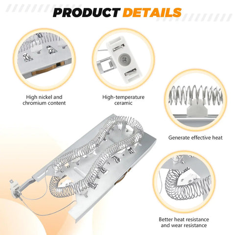 Heavy Duty Dryer Heating Element Replacement WP3387747 with details on nickel content, ceramic material, and heat resistance.