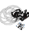 No Fuss Mountain Bike Disc Brake Conversion Kit Featuring Front And Rear 160 Mm Aluminum Rotors Mechanical Calipers and mounting hardware.