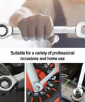 Hand using Ratcheting Wrench Set With 22 Pieces Built Tough In CR V Steel 72 Tooth Drive Long Open End Wrenches ANSI Certified