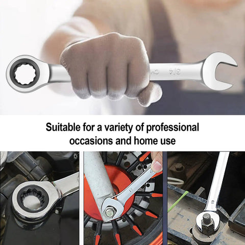 Hand using Ratcheting Wrench Set With 22 Pieces Built Tough In CR V Steel 72 Tooth Drive Long Open End Wrenches ANSI Certified