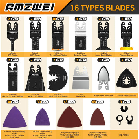 AMZWEI oscillating tool blade set, 16 blade types for metal/wood with sandpaper, front packaging view