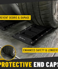 Close-up of Heavy Duty E Track Cargo Tie Down Kit with end caps protecting trailer floor from tire pressure