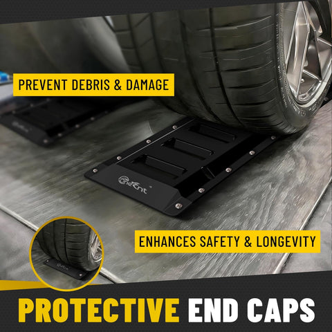 Close-up of Heavy Duty E Track Cargo Tie Down Kit with end caps protecting trailer floor from tire pressure