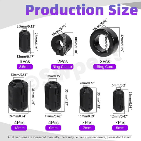 Clip On Ferrite Ring Core Kit With Toroid Core, 32 Pieces In 7 Sizes, EMI RFI Noise Suppressor sizes and dimensions chart