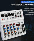 6 Channel Audio Mixer For PC With Bluetooth USB Recording, Portable Sound Mixing Console showing controls and panel design