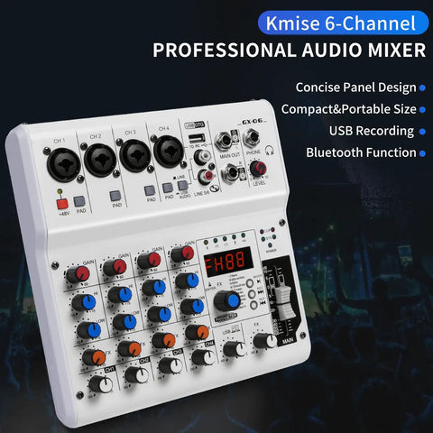 6 Channel Audio Mixer For PC With Bluetooth USB Recording, Portable Sound Mixing Console showing controls and panel design