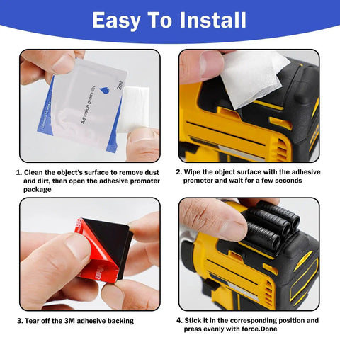 Installation steps for Four Pack Drill Bit Holder Tool Holster For Impact Drivers And Drills With Adhesive Drill Add On.