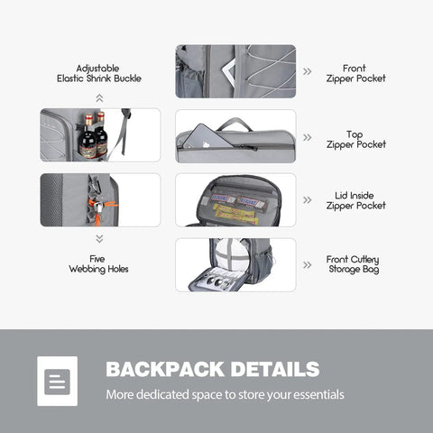 Insulated Cooler Backpack With Leakproof Liner detail view showing adjustable buckle, zipper pockets, and cutlery storage